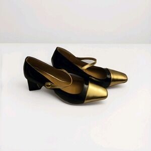 Handmade Vintage Mary Jane Heels Black Gold Cap Toe Patent Leather Size 9 /...